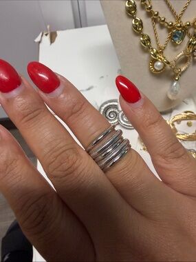 Stacked Silver Textured Band Ring - Women Jewelry